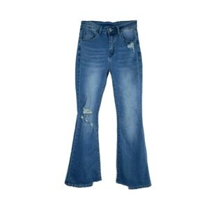 Women’s Distressed Light Wash High Rise Flare Leg Stretch Denim Jeans